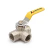 3 way brass ball valve with forged brass body and yellow lever handle. 3 Way Brass Ball Valve Supplier in Surat