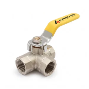 3 way brass ball valve with forged brass body and yellow lever handle. 3 Way Brass Ball Valve Supplier in Surat